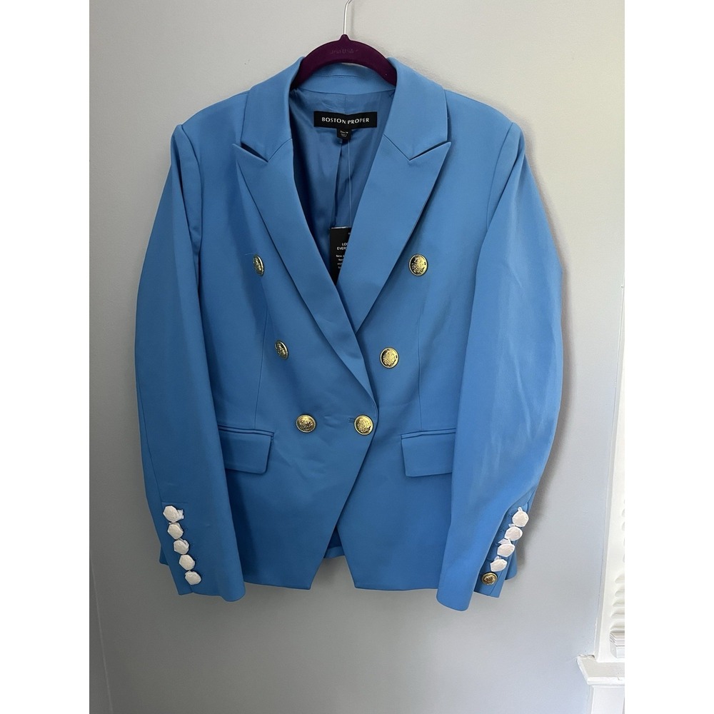 Boston Proper Women's Blazer Size 14 Blue with Gold Buttons Long Sleeve Lined